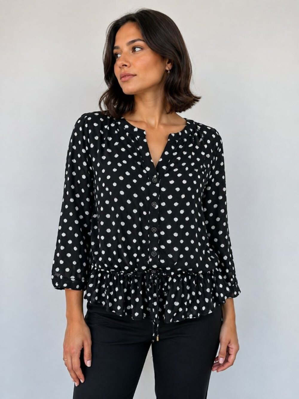 Croft & Barrow Womens XL Polka Dot Blouse Black White Peplum Tunic Top
